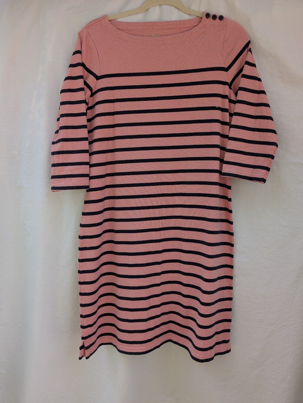 LL Bean Mariner Striped Cotton Shirt Dress Pink Navy Sz M